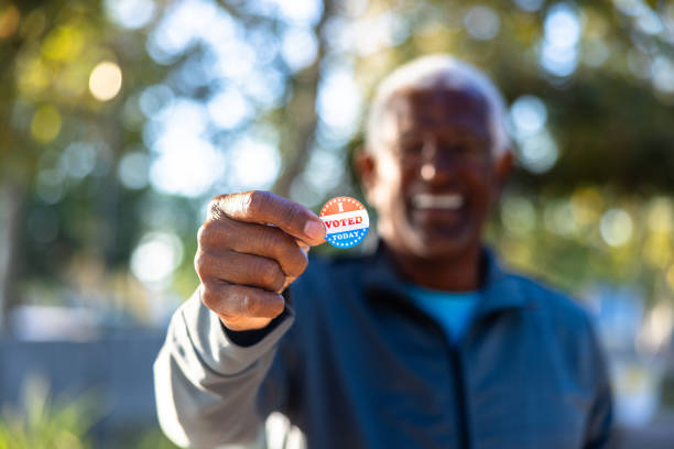 istock Senior black man with an I Voted Sticker 1758194278