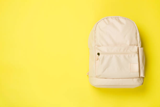 istock Pink school backpack on color background, top view 1758200462