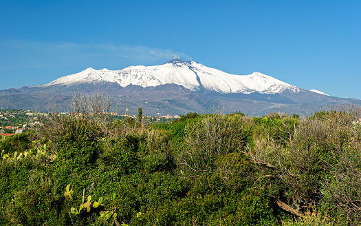 Panoramic winter view of volcano Etna covered by snow as seen from east