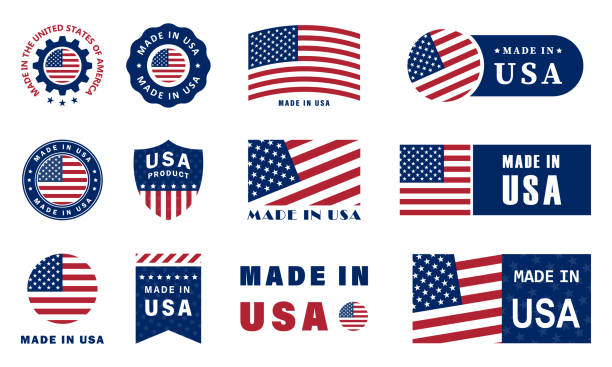 hergestellt in den usa. sammlung von vektoraufklebern für produkte, die in den vereinigten staaten hergestellt werden. - usa made in the usa industry striped stock-grafiken, -clipart, -cartoons und -symbole