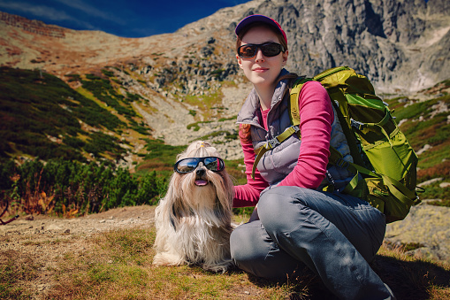 Young woman tourist with dog and sunglasses sitting on high mountains background