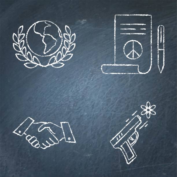 ilustraciones, imágenes clip art, dibujos animados e iconos de stock de conjunto de iconos de pizarra de pacifismo y paz - war globe symbols of peace weapon