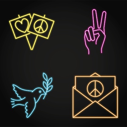 Pacifism and peace neon icon set. Dove of peace, V gesture symbols. Vector illustration.