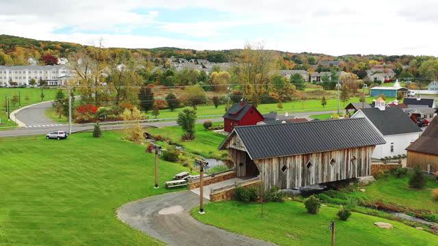 Aerial of The Barn Yard Covered Bridge in Connecticut, United States