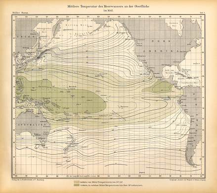 istock Chart of Weather Patterns in the Pacific Ocean in May, German Antique Victorian Engraving, 1896 1758263444