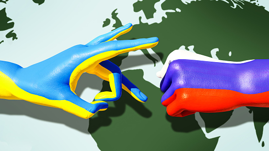 The confrontation between Russia and Ukraine is expressed in hands painted in the colors of the flags on a continents background. Stand with Ukraine. 3d illustration