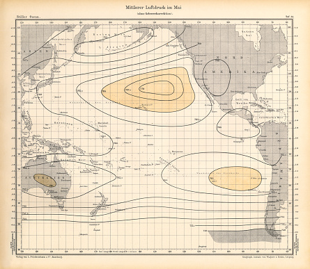 istock Chart of Weather Patterns in the Pacific Ocean in May, German Antique Victorian Engraving, 1896 1758279831
