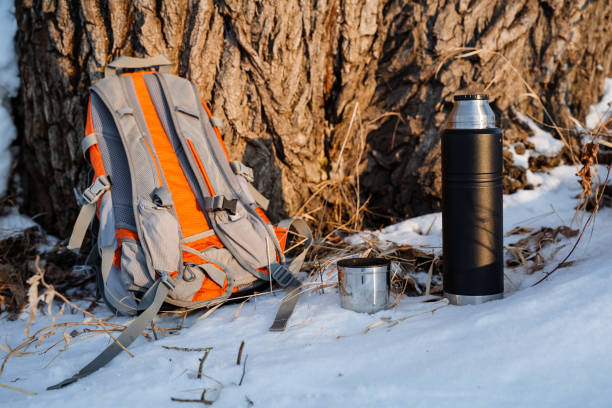 istock Halt in winter under a tree. Breakfast in the woods. A backpack with a thermos stands on the snow. Camping equipment. Hot thermal tea on a hike. 1758290616