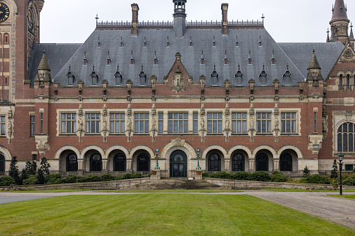 The Hague, Netherlands - April 17, 2023: Peace Palace in The Hague, Netherlands.The International Law Administrative Building, which houses the International Court of Justice