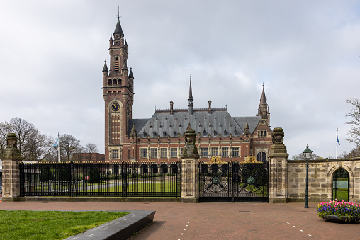 The Hague, Netherlands - April 17, 2023: Peace Palace in The Hague, Netherlands.The International Law Administrative Building, which houses the International Court of Justice