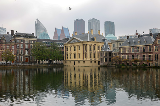 The Hague, Netherlands - April 17, 2023: The Mauritshuis museum building and Binnenhof - Dutch Parliament with Hofvijver pond, The Hague, The Netherlands;