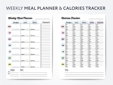 Weekly meal planner and calories tracker for healthy eating, digital planner shopping list vector illustration. Meals journal eating diary printable template