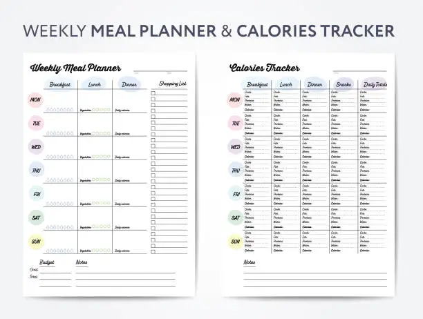 Vector illustration of Weekly meal planner and calories tracker, digital planner with shopping list