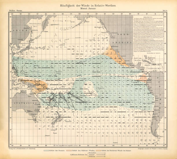 Beautifully Illustrated Antique Engraved Victorian Illustration of Antique Chart of Weather Patterns in the Pacific Ocean, German Antique Victorian Engraving, 1896. Source: Original edition from my own archives. Copyright has expired on this artwork. Digitally restored.