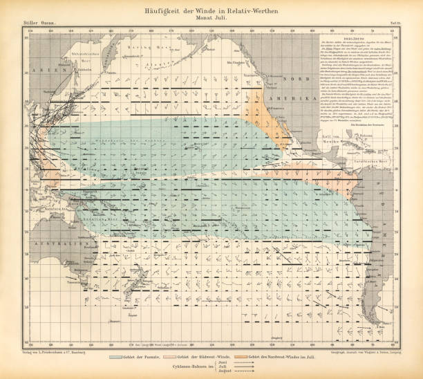 Beautifully Illustrated Antique Engraved Victorian Illustration of Antique Chart of Weather Patterns in the Pacific Ocean, German Antique Victorian Engraving, 1896. Source: Original edition from my own archives. Copyright has expired on this artwork. Digitally restored.