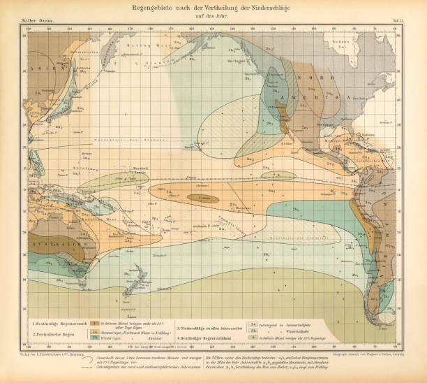 Beautifully Illustrated Antique Engraved Victorian Illustration of Antique Chart of Weather Patterns in the Pacific Ocean, German Antique Victorian Engraving, 1896. Source: Original edition from my own archives. Copyright has expired on this artwork. Digitally restored.