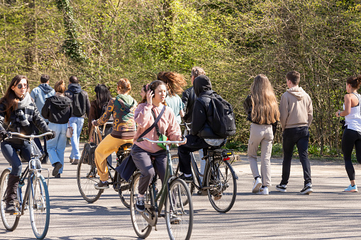 Amsterdam, Netherlands, March 27, 2022; Cyclists, walkers and runners together in the Vondelpark.