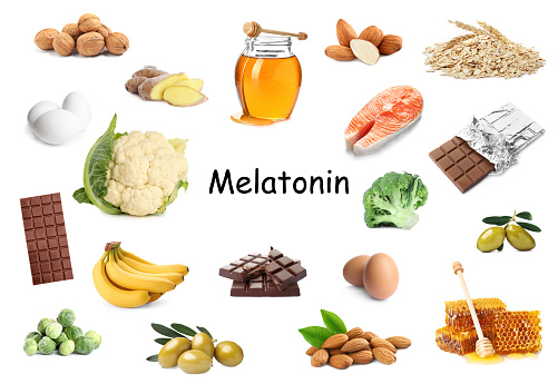 Different foods rich in melatonin that can help you sleep. Different tasty products on white background