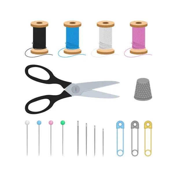 Vector illustration of Design elements for sewing and hobbies. Sewing kit. Flat vector illustration.