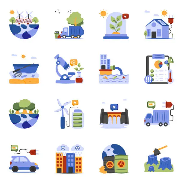 Vector illustration of Pack of Nature and Pollution Flat Icons