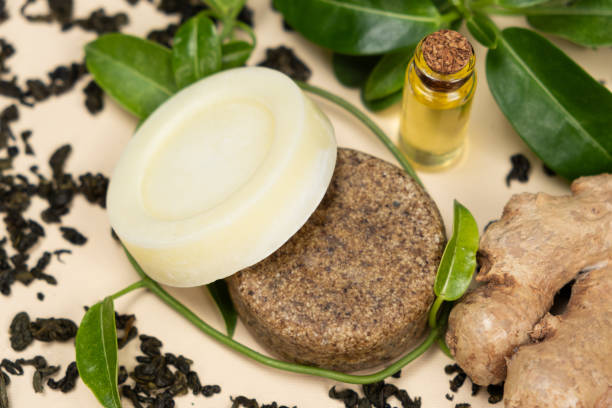 istock Solid shampoos made from ginger, green tea and oils. Natural cosmetics for hair care. 1758347176