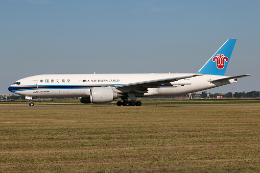 Houston, United States - May 4, 2020:  The Russian built, Ukrainian operated AN-124; one of the largest cargo planes in the world, landing at the George Bush Intercontinental Airport in Houston, Texas.