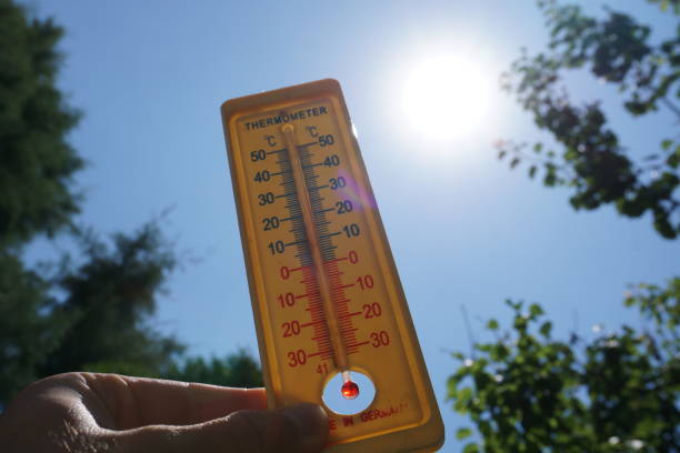 istock Hand holding thermometer towards the sun and clear sky representing raising temperatures and hot weather 1758354810