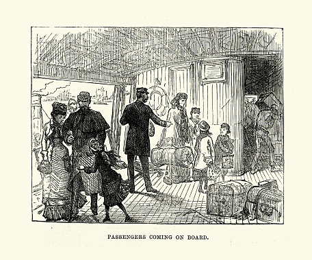 Vintage illustration of Departure of a Cunard Steam-ship from Liverpool, Passengers coming on board, History Victorian travel, 1880s 19th Century