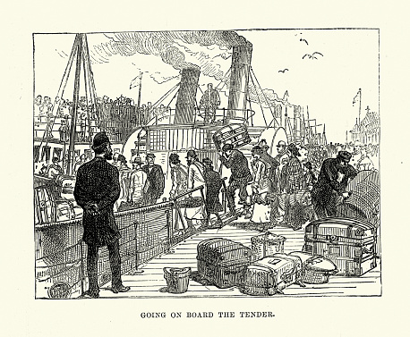 Vintage illustration of Departure of a Cunard Steam-ship from Liverpool, Passengers going on board the tender, History Victorian travel, 1880s 19th Century