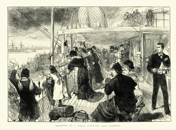 Vintage illustration of Departure of a Cunard Steam-ship from Liverpool, Passengers waving goodbye, History Victorian travel, 1880s 19th Century