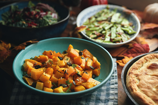 Vegan Thanksgiving Dinner with Pumpkin & Kale Pot Pie, Butternut Squash, Roasted Green Beans with Almond Bacon, Radicchio Clementine Salad and Berry Pie