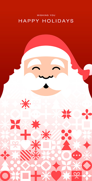 Christmas background, holiday elements pattern background. Santa Claus with geometric icon decoration on his beard.