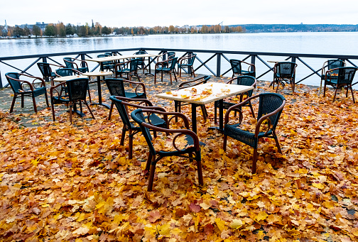 Autumn mood background photo. Finland, city park on the shore of Lake Vesijärvi.