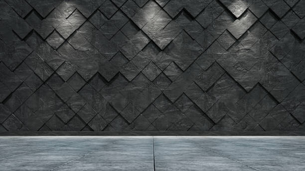 istock Black concrete blocks wall background with concrete floor. 3d rendering 1758388355