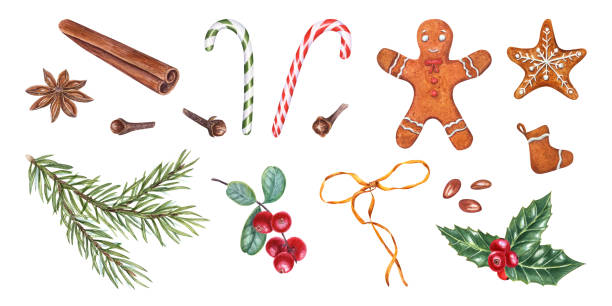istock Set of Xmas decoration. Cinnamon stick, star anise, candy cane, gingerbread cookie, holly, spruce, cloves, red berries. Watercolor illustration for Christmas and New Year design, spice shops 1758403638