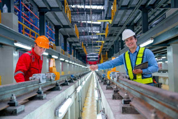 istock Professional engineer with smiling hold tablet and point to technician worker near railroad tracks of electrical or sky train in factory workplace. 1758408519