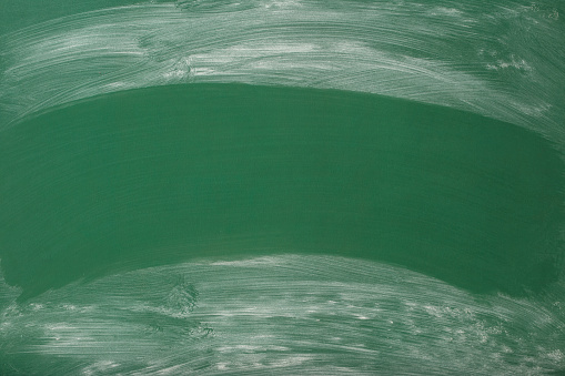 Close up of a green empty school chalkboard with chalk traces and smudges. Space for copy.