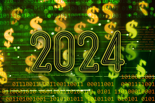 2024 text over a binary code abstract background with glowing dollar signs and dynamic lines. Can illustrate the concept of a new financial year 2024.