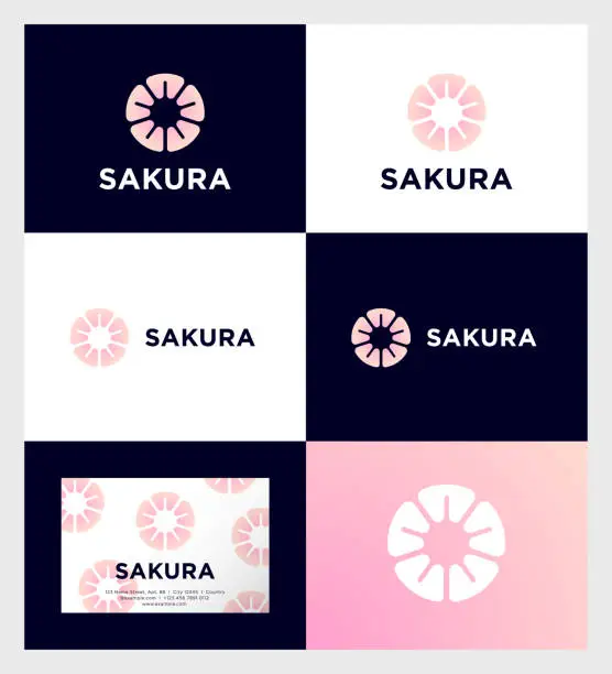 Vector illustration of Sakura emblem. White-pink geometric flower consists of five petals. Identity. Business card.
