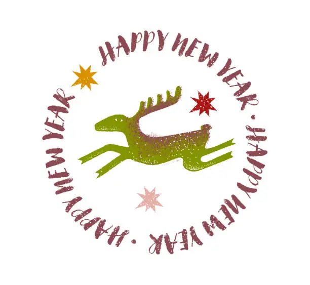 Vector illustration of A Christmas-related badge design. The illustration is linocut style, and around it, there are the words Happy New Year in a vector format.