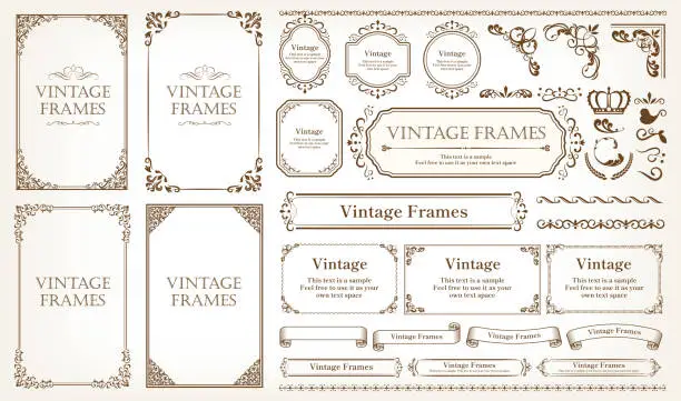 Vector illustration of Borders and frames. Set of Decorative vintage floral ornament. Vector design.