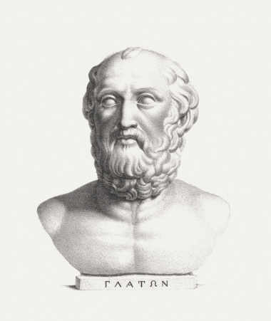 Plato (Greek philosopher, 428/427 BC - 348/347 BC). Lithograph after an antique bust by Joseph Brodtmann (German-swiss engraver and publisher, 1787-1862), published c. 1830.