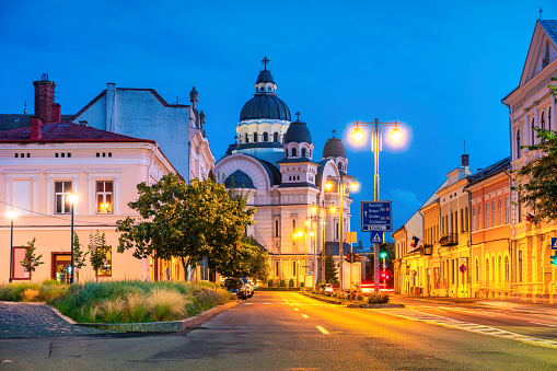 Downtown Targu Mures with the Orthodox Cathedral, Transylvania, Romania at twilight blue hour.