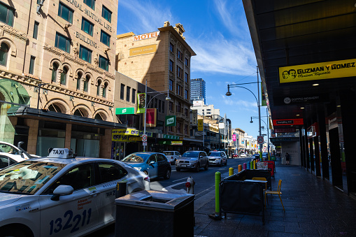 Adelaide, Australia - October 8, 2023: Street view along Hindley street during the day.