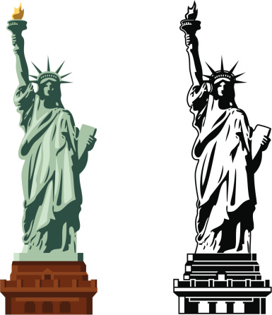 A vector illustration of the Statue of Liberty in color and in black and white.