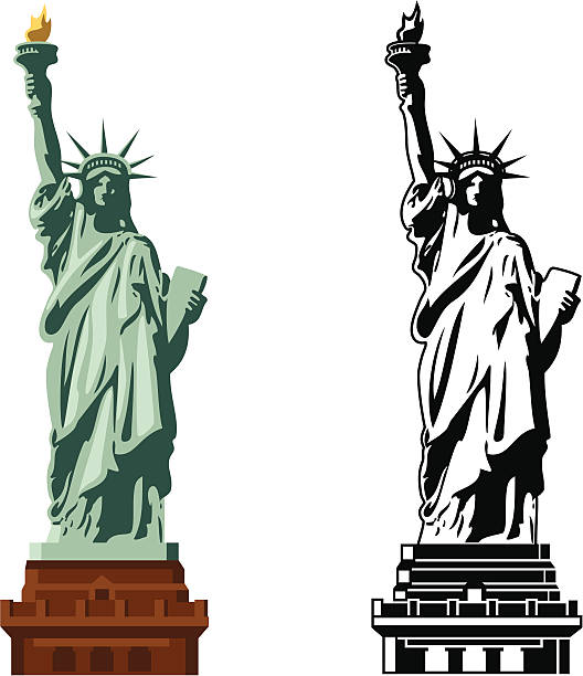 Statue of Liberty in color and B&W vector art illustration