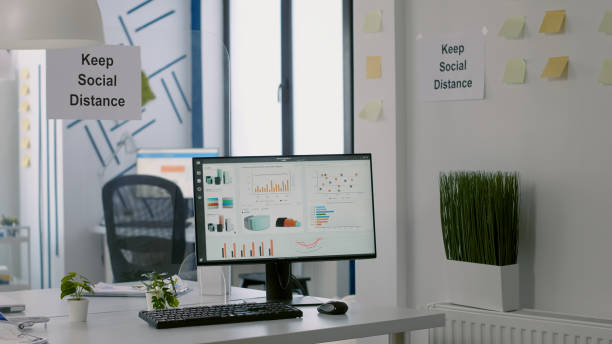 istock Modern empty office space during covid 19 coronavirus pandemic 1758511688