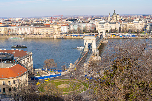 Chain Bridge, Saint Stephen Basilica, Budapest, Hungary, Pest, Danube, river, view