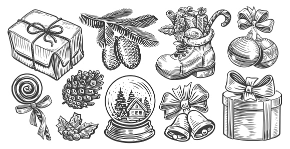 Set of hand drawn retro objects for Christmas holiday decoration. Happy holidays sketch vector illustration