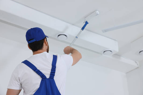 istock Handyman painting ceiling with roller in room, back view 1758534287